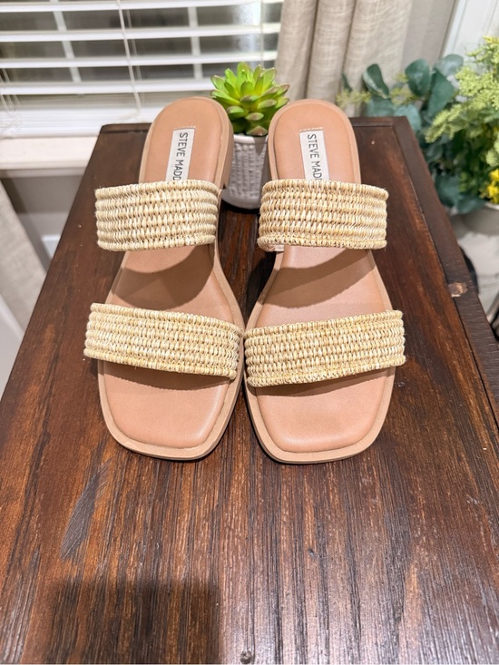 Shoes - Steve Madden Woven Raffia Double Strap Slide Sandals Tan Size 8